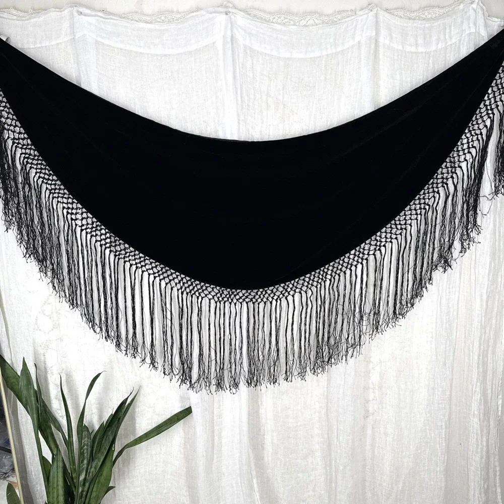 Vintage Velvet Fringe Triangle Shawl Wrap Large Whimsigoth Dark Romantic Indie